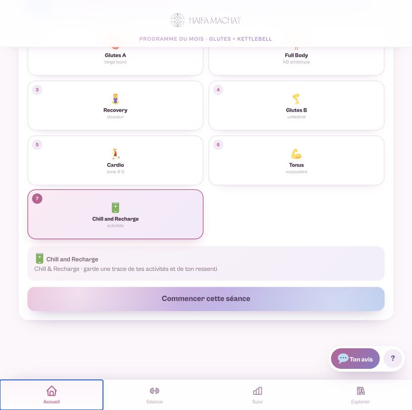 Interface réelle de Training OS montrant les séances, le suivi et la navigation